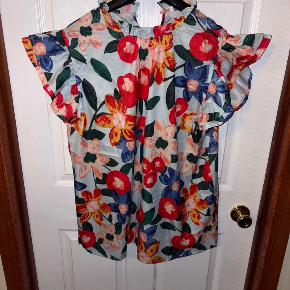 Colorful Floral Blouse with Ruffle Sleeves
